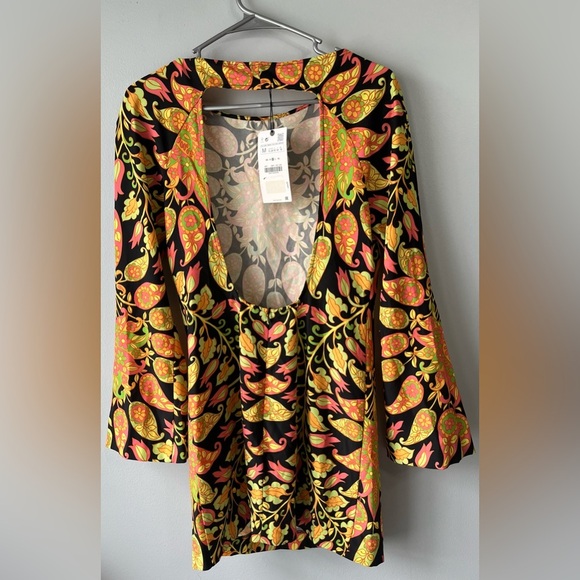 NWT! Zara size medium long sleeve printed mini boho dress multicolored pattern - Picture 7 of 15